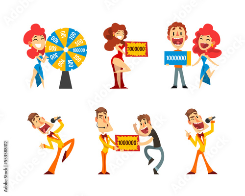 Lottery Show with Man Host with Microphone, Spinning Roulette Wheel and Check Vector Set