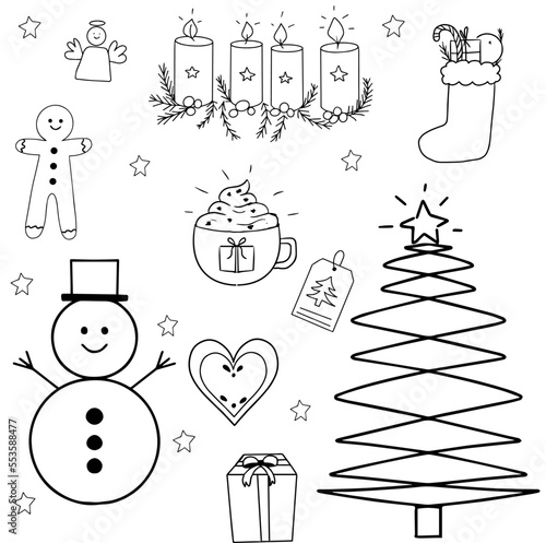 Set of Christmas doodles - snowmen, wreath with candles, angel, Santa's sock with gifts, gingerbread cookies, cup of cocoa and Christmas tree. Hand-drawn vector cartoon. Suitable for holiday designs, 