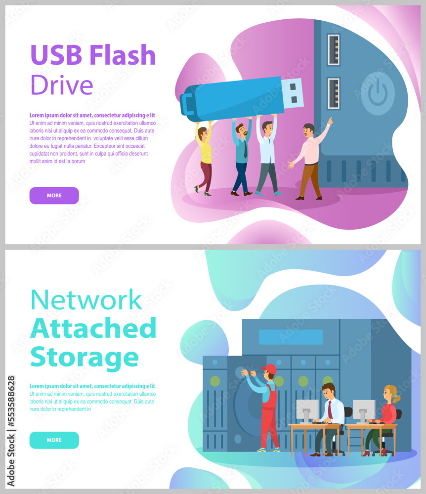 USB flash drive memory, network attached storage landing page template. Data storage appliance connected to computer. Modern mobile apparatus for storing digital information. storage technologies