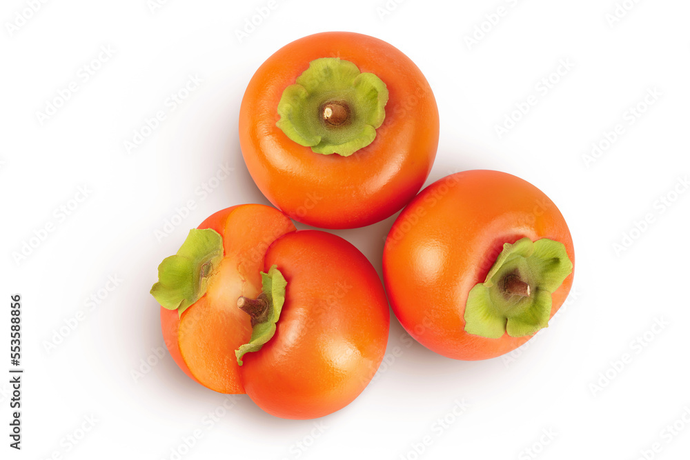 Persimmon fruit isolated on white background with full depth of field. Top view. Flat lay Persimmon fruit isolated on white background with full depth of field. Top view. Flat lay