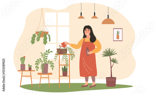 The florist girl takes care of the flowers, waters them and grows them. Hobby is taking care of indoor plants. Vector graphics.