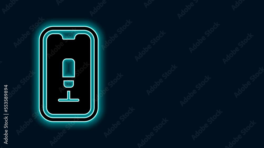 Glowing neon line Mobile recording icon isolated on black background. Mobile phone with microphone. Voice recorder app smartphone interface. 4K Video motion graphic animation Glowing neon line Mobile recording icon isolated on black background. Mobile phone with microphone. Voice recorder app smartphone interface. 4K Video motion graphic animation