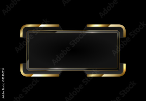 Luxury horizontal 3d black message screen frame. Text quote rectangle frame. Glossy black volume template with gold line edge trim. Black background mockup vector illustration design
