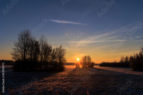 Colorful sunrise with golden sunshine over bushes and trees on a meadow landscape in Siebenbrunn near Augsburg © were