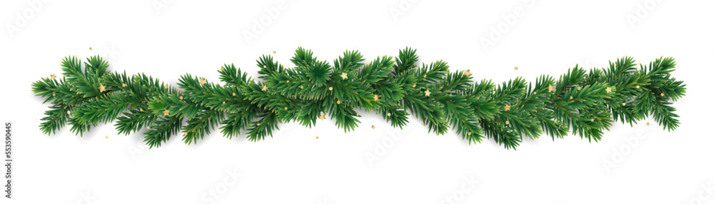 Christmas tree garland isolated on white. Realistic pine tree branches with golden confetti decoration.