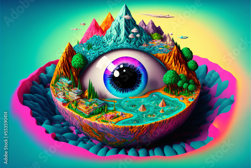 3D Rainbow Eye at the center of an island Generative AI