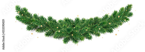 Christmas tree garland isolated on white. Realistic pine tree branches with golden confetti decoration.