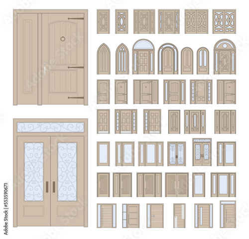 Set of ancient doors and windows. Flat design format vector.