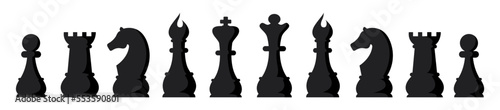 Black and chess game pieces, figures set. Logical tactical turn-based game, chess tournament, sport game, hobby and interests, highly intellectual occupation. Vector illustration isolated.