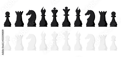 Black and white chess game pieces, figures set. Logical tactical turn-based game, chess tournament, sport game, hobby and interests, highly intellectual occupation. Vector illustration isolated.