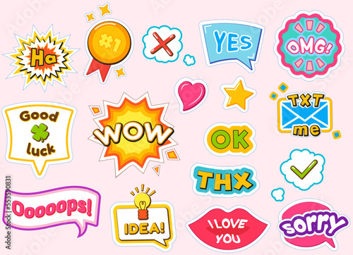 Fashion patches with words dialogue inscriptions vector colored comic icons. Conversation phrases as modern stickers. Cartoon style patch badges with text, colorful sticker pack background pattern