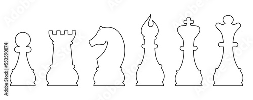 Outline chess game pieces, figures set. Logical tactical turn-based game, chess tournament, sport game, hobby and interests, highly intellectual occupation. Vector illustration isolated.