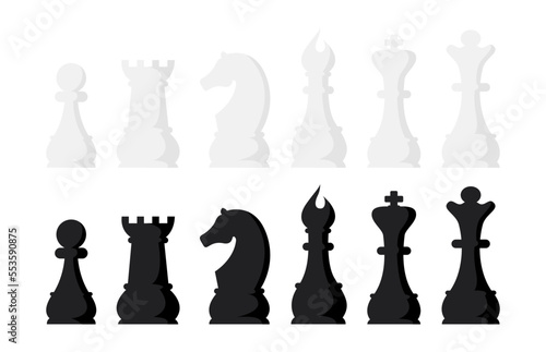 Black and white chess game pieces, figures set. Logical tactical turn-based game, chess tournament, sport game, hobby and interests, highly intellectual occupation. Vector illustration isolated.
