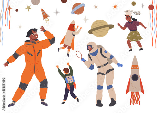 Set of happy people in different costumes for space party. Characters dressed as astronauts, explorers. Outfit for holiday in cosmic style. Men and women in creative self made suits for costume party