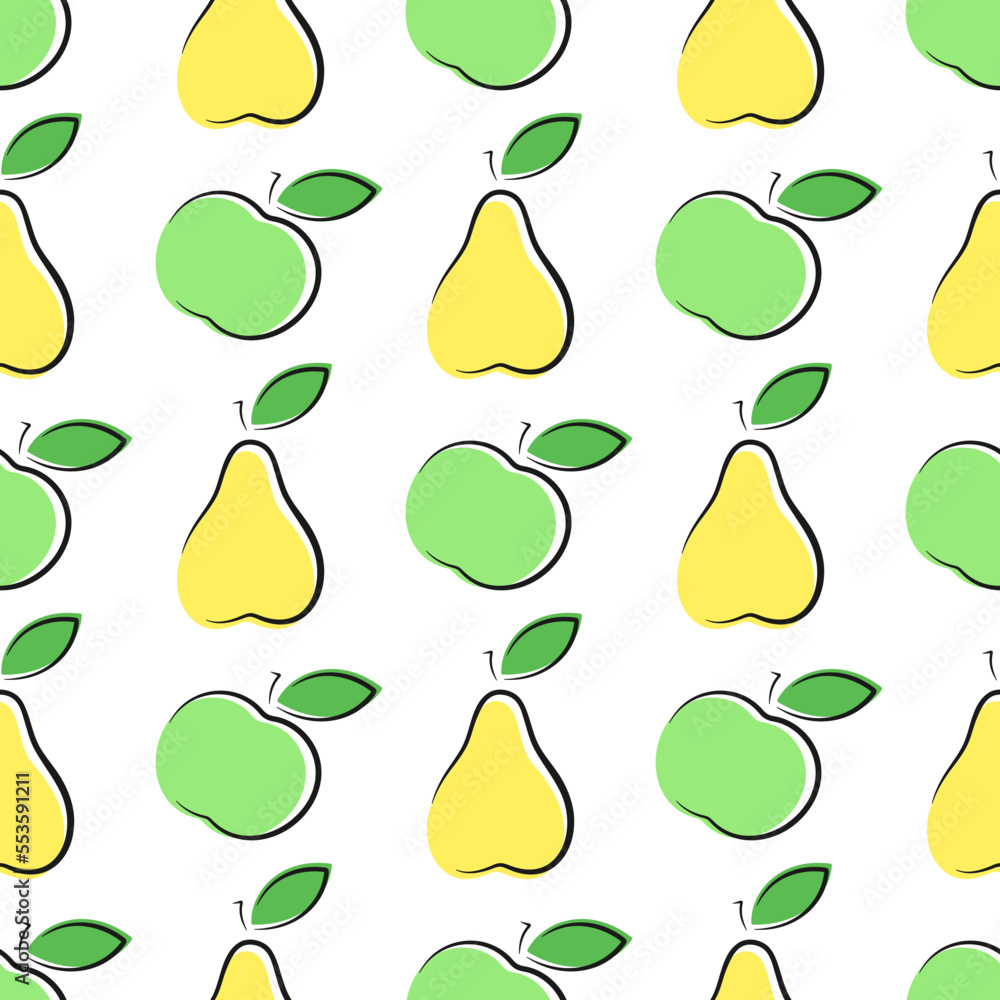Apples and pears vector seamless pattern. Doodle elements on white background. Best for textile, wallpapers, home decoration, wrapping paper, package and web design. Apples and pears vector seamless pattern. Doodle elements on white background. Best for textile, wallpapers, home decoration, wrapping paper, package and web design.