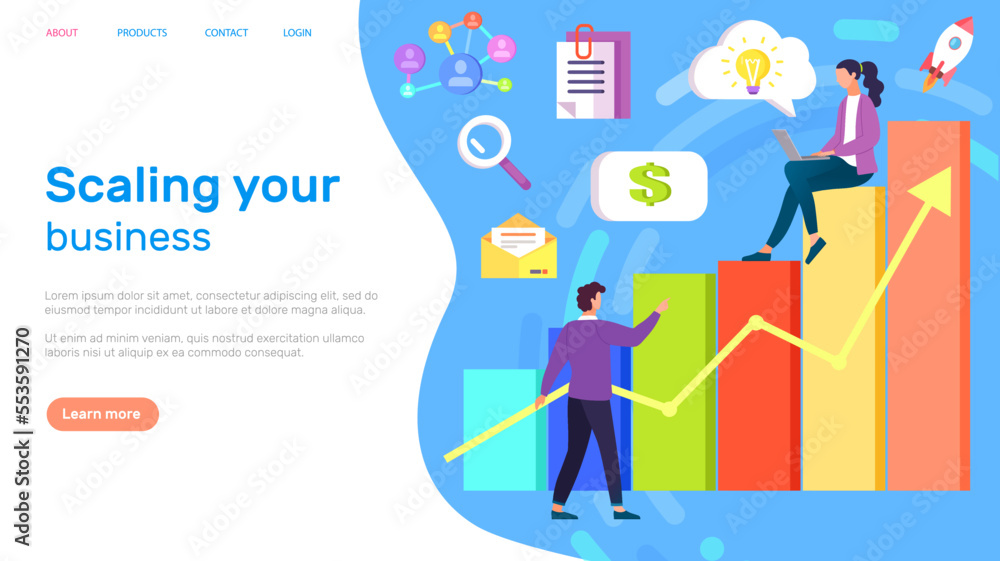 Scaling your business. Increase and expand boundaries of companys activities for sake of increasing profits. Man and woman working together, infochart with arrow, statistics analysis, successful work Scaling your business. Increase and expand boundaries of companys activities for sake of increasing profits. Man and woman working together, infochart with arrow, statistics analysis, successful work