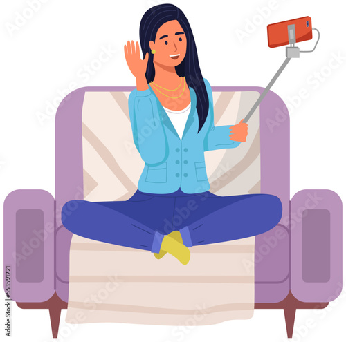 Podcaster woman character in office room interior. Girl listening audio podcast and speaking at live streaming use smartphone and laptop on her vlog. Podcaster making, blogger, technology concept