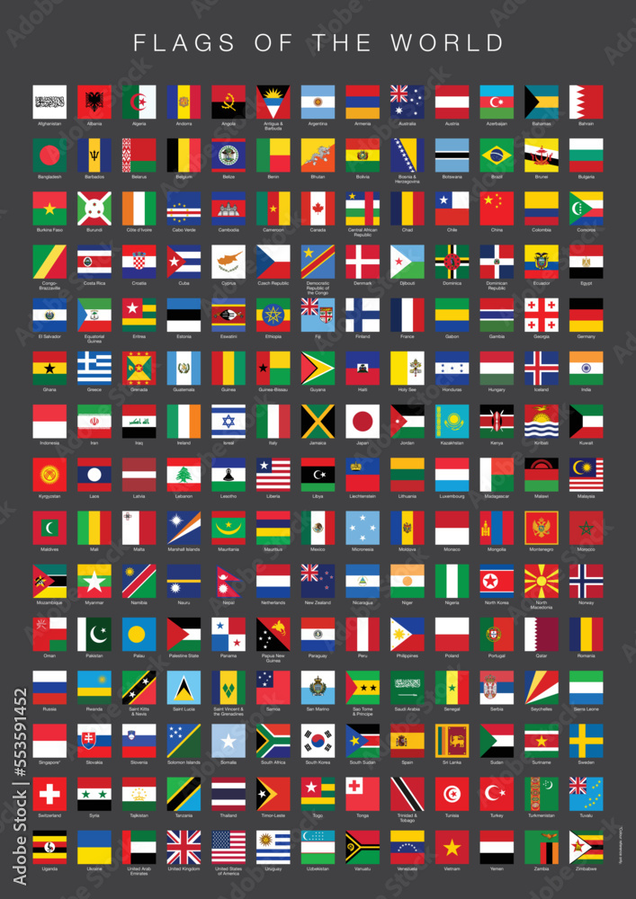 Square flags of the world, Icon vector set, includes all country flags  Stock Vector