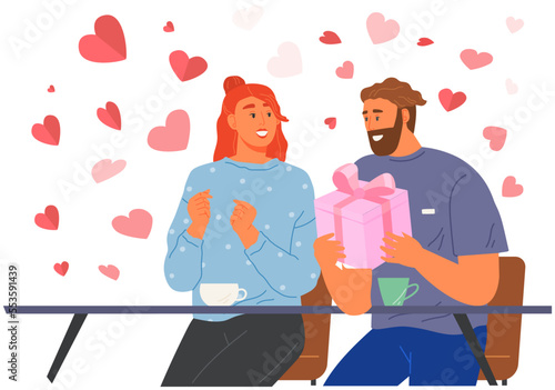 Man surprises his girlfriend or spouse with present in cafe. Couple on romantic date in restaurant surrounded by heart icons. Guy giving gift to young lady. People in relationships spend time together