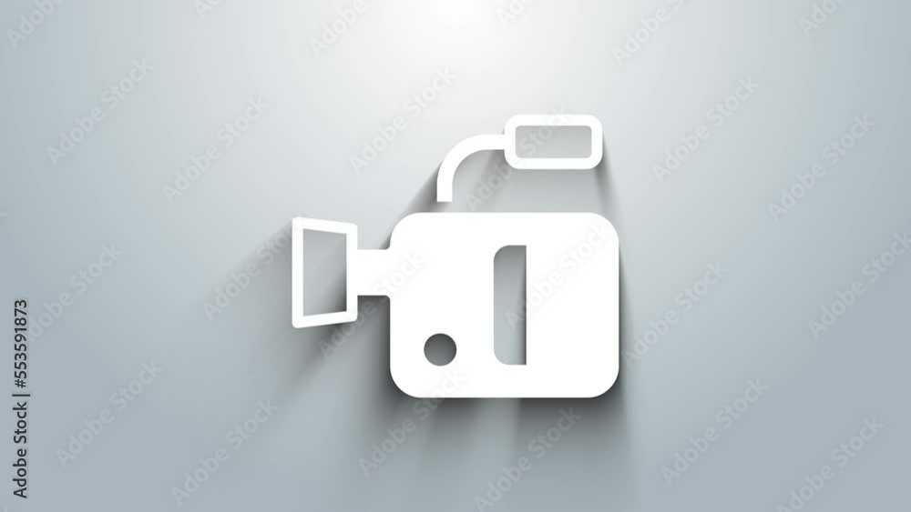 White Cinema camera icon isolated on grey background. Video camera. Movie sign. Film projector. 4K Video motion graphic animation White Cinema camera icon isolated on grey background. Video camera. Movie sign. Film projector. 4K Video motion graphic animation