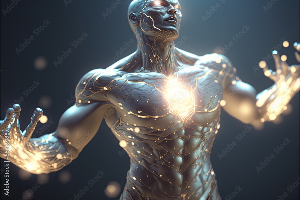 A male being made of light in  hero pose. Glowing translucent muscular body filled with light. - obrazy, fototapety, plakaty 