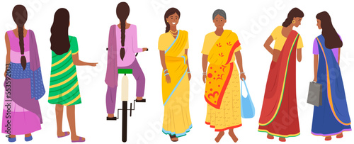 Different indian old and young women characters set in flat style isolated on white. Differences hindu ethnic people in traditional clothing in everyday affairs. Asian people adult and elderly persons