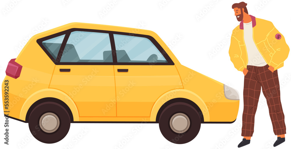 Naklejka premium Presentation of new automobile, man looking at small yellow car. Motor road and off-road vehicle used for transport of people and goods. Client is considering offer at trade show or car showroom