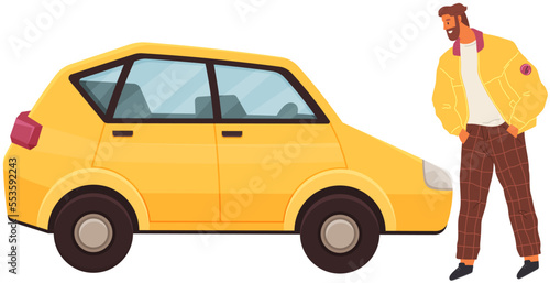 Presentation of new automobile, man looking at small yellow car. Motor road and off-road vehicle used for transport of people and goods. Client is considering offer at trade show or car showroom