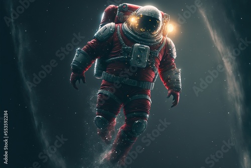 Santa Claus astronaut floating in space. Christmas sci-fi concept.