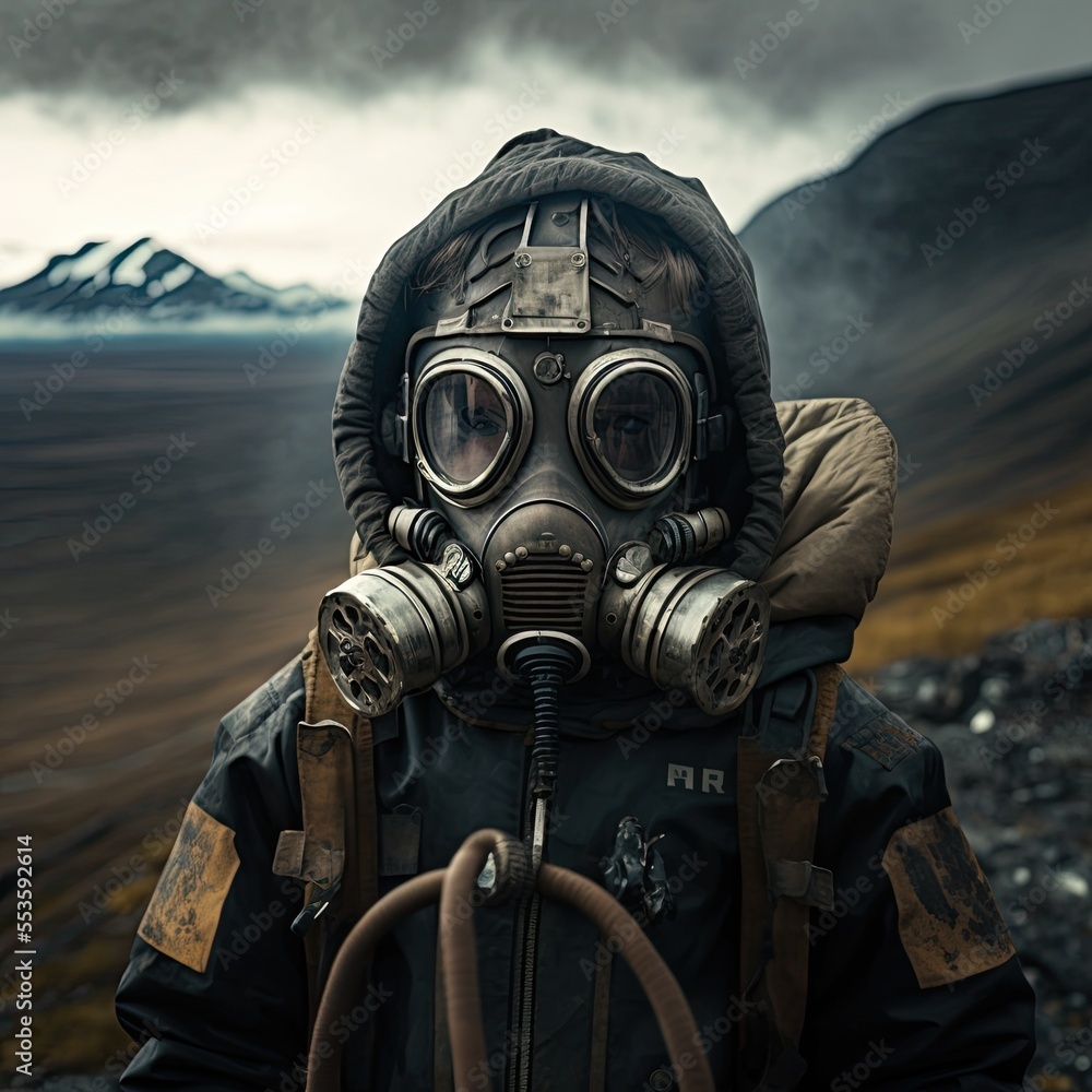 Gas mask child in post-apocalyptic wilderness landscape. Apocalypse and toxic pollution concept art. Gas mask child in post-apocalyptic wilderness landscape. Apocalypse and toxic pollution concept art.