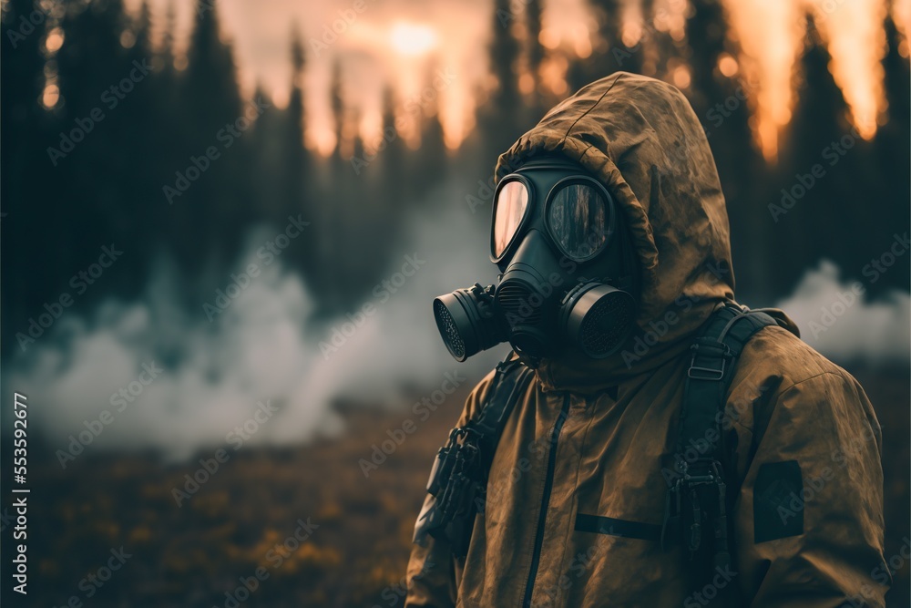 Man in gas mask in the wilderness with smoke and pollution apocalypse concept Man in gas mask in the wilderness with smoke and pollution apocalypse concept