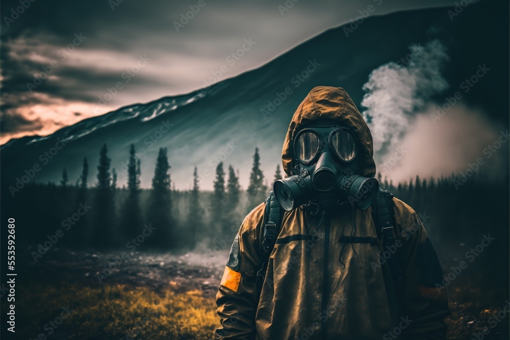 Man in gas mask in the wilderness with smoke and pollution apocalypse concept Man in gas mask in the wilderness with smoke and pollution apocalypse concept