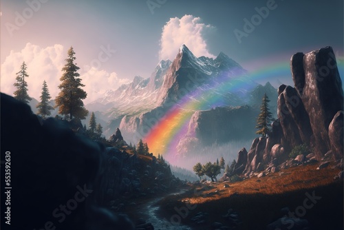 Rainbow over the mountains  beautiful rocky mountain landscape