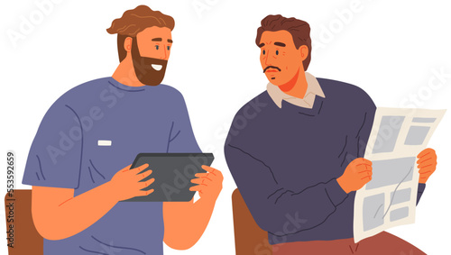 Men talking together discussing newspaper news. Acquaintances or friends communicating. Two male characters with tablet pc or phone and magazine meeting and speaking. Persons chatting, arguing