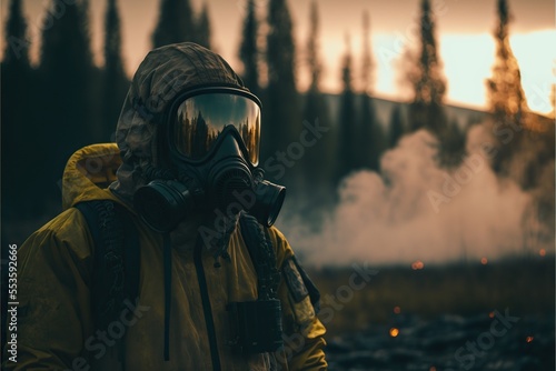 Man in gas mask in the wilderness with smoke and pollution apocalypse concept