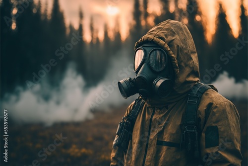 Man in gas mask in the wilderness with smoke and pollution apocalypse concept
