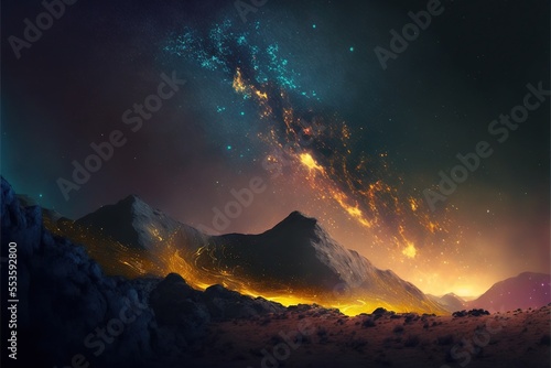 Mountain landscape scenery on starry night with cosmic nebula above mountains