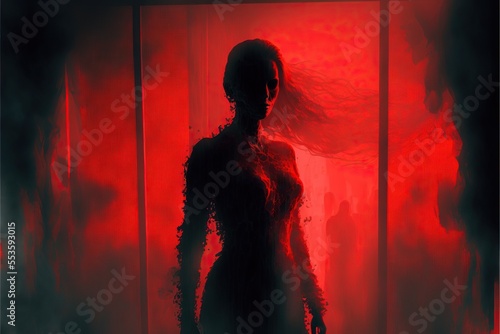 Shadow of woman on the red gfrosted lass representing danger, fear, help, haunting, horror