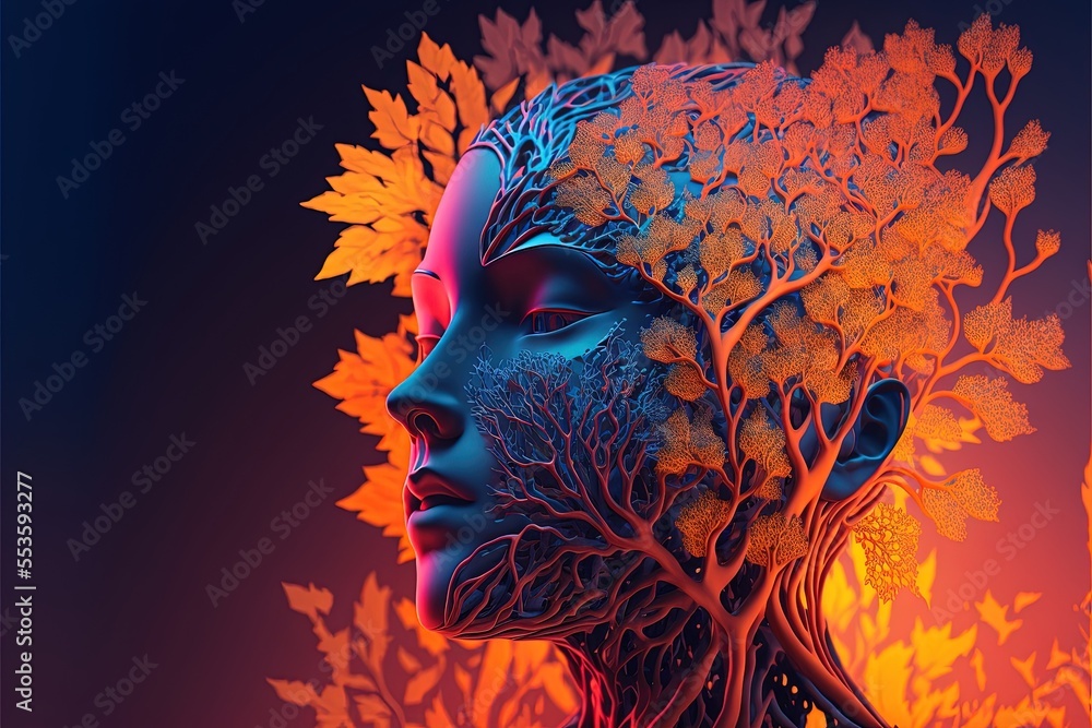 Tree as a Human Face, Beautiful Trees In The Wild With Gredient Background, Nature Vibrant colours double exposure magnetic resonance 3d rendered