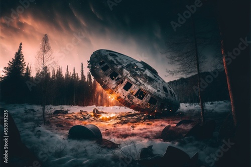 UFO crash landing in winter wilderness landscape