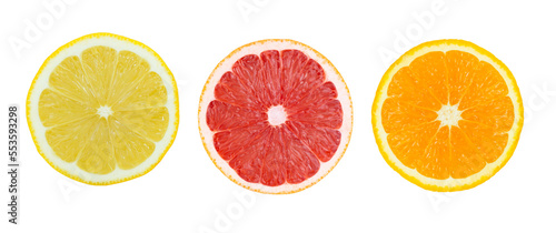 slice of fresh half lemon, orange and Grapefruit isolated on transparent background with PNG.