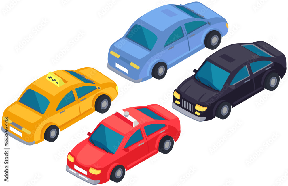 Fototapeta premium Transport while driving on roadway. Set of colorful automobiles, vehicles isolated on white background. Moving around city by car, road traffic concept. Passenger cars and auto of taxi service