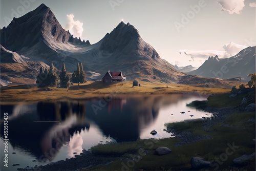 Illustration of peaceful moutain with jungle and water landscape, cinematic