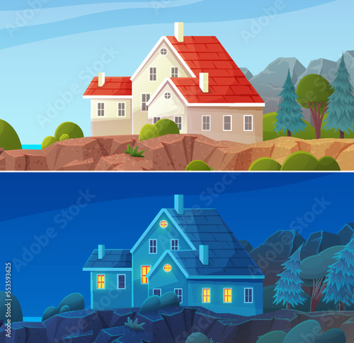 Country house, huge cottage, construction in nature landscape. Building holiday residence pleasant to live and relax. Family house suburban residence. Modern structure at sunny day and night