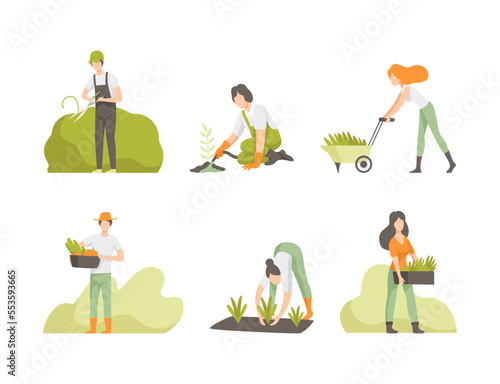 Man and Woman Working in the Garden or Farming Engaged in Horticulture Vector Set