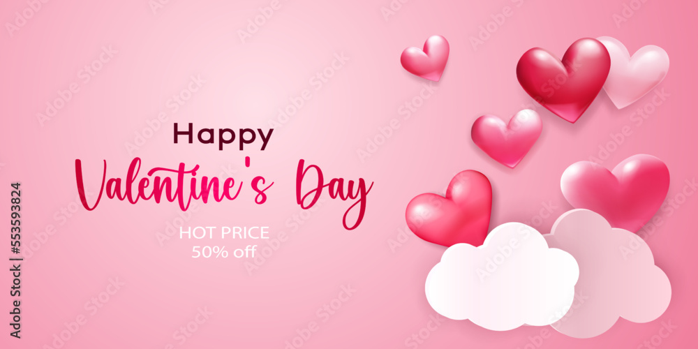 Valentine's Day illustration with red hearts and paper clouds on pink background