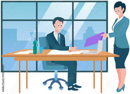 Secretary giving documents to boss, business concept. Young happy woman office clerk manager cartoon character gives contracts or reports to businessman company leader chief at meeting, paperwork