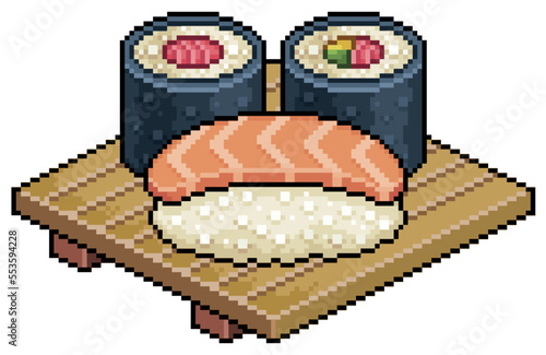 Pixel art sake nigiri, tekka maki, futomaki on wooden board for sushi japanese food vector icon for 8bit game on white background