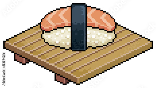 Pixel art sake nigiri on wooden board for sushi vector icon for 8bit game on white background
