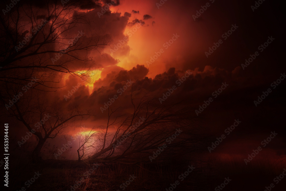 Dark landscape showing forest and storm sky at autumn night